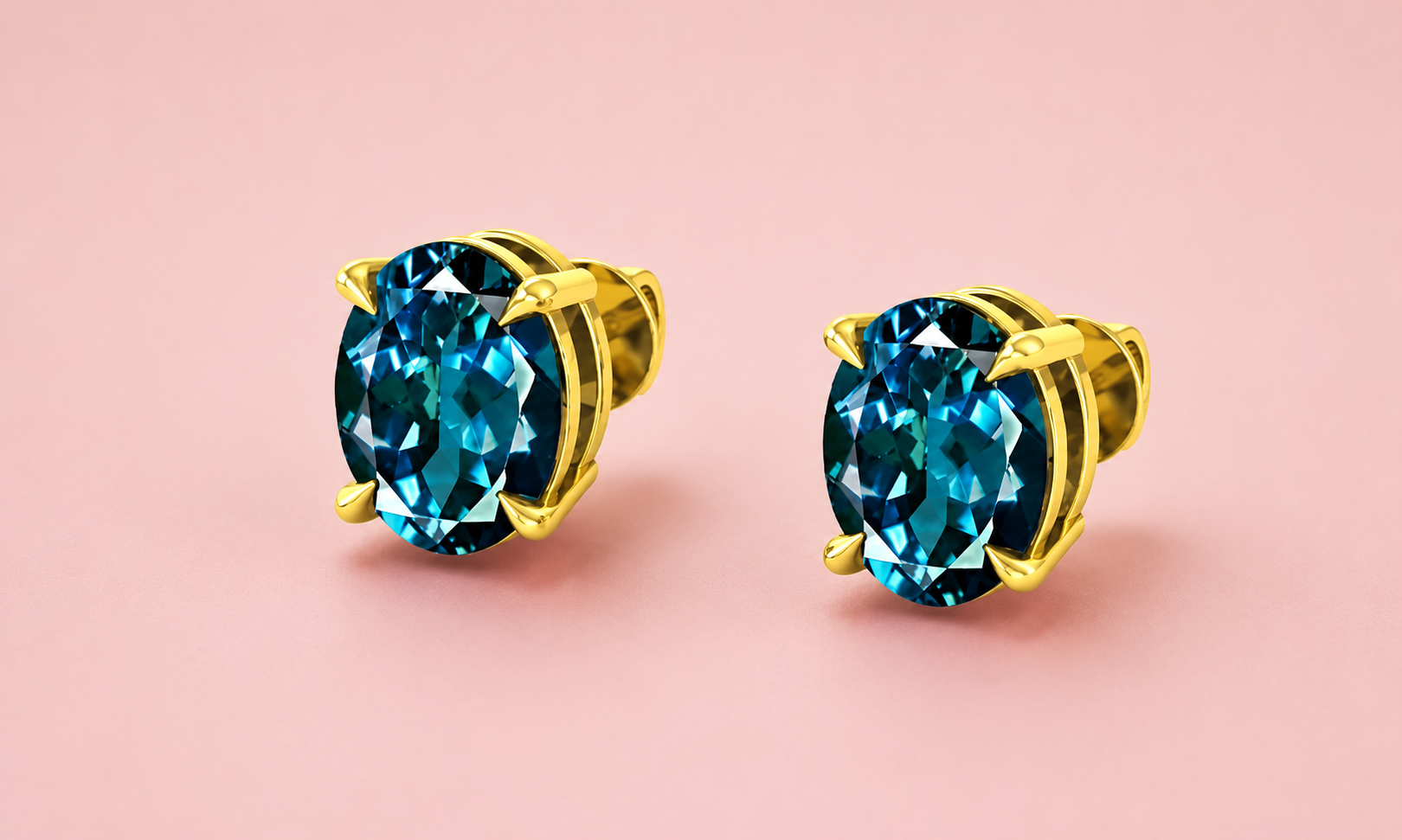 4 Prong Set London Blue Topaz Gold Stud Earrings (E1)